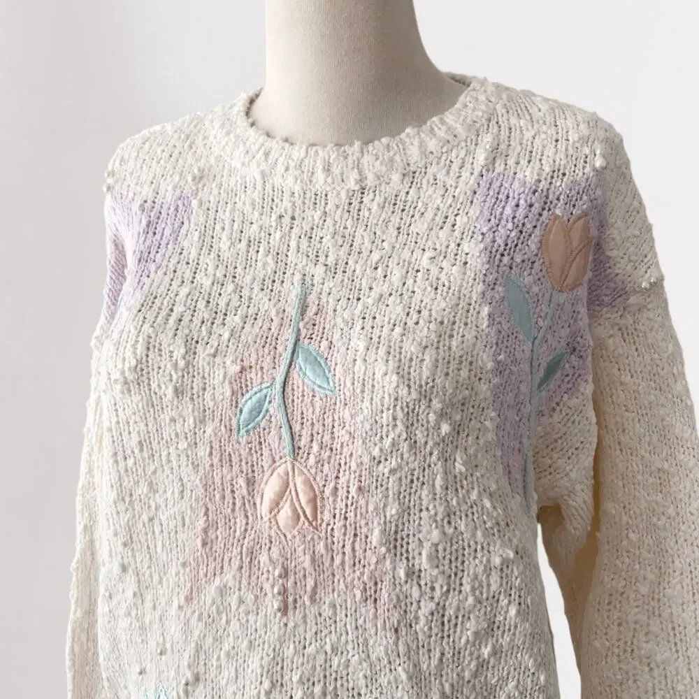 Vintage 80s Coquette Embroidered Sweater Pastel Cottagecore Grandmacore Knit M - Picture 5 of 10